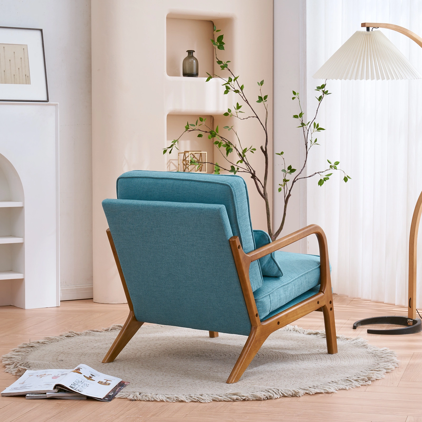 Teal Oak Armchair with Cushioned Seat and Wooden Arms, Mid-Century Indoor Lounge Chair with Upholstered Backrest and Comfortable Seating view 5