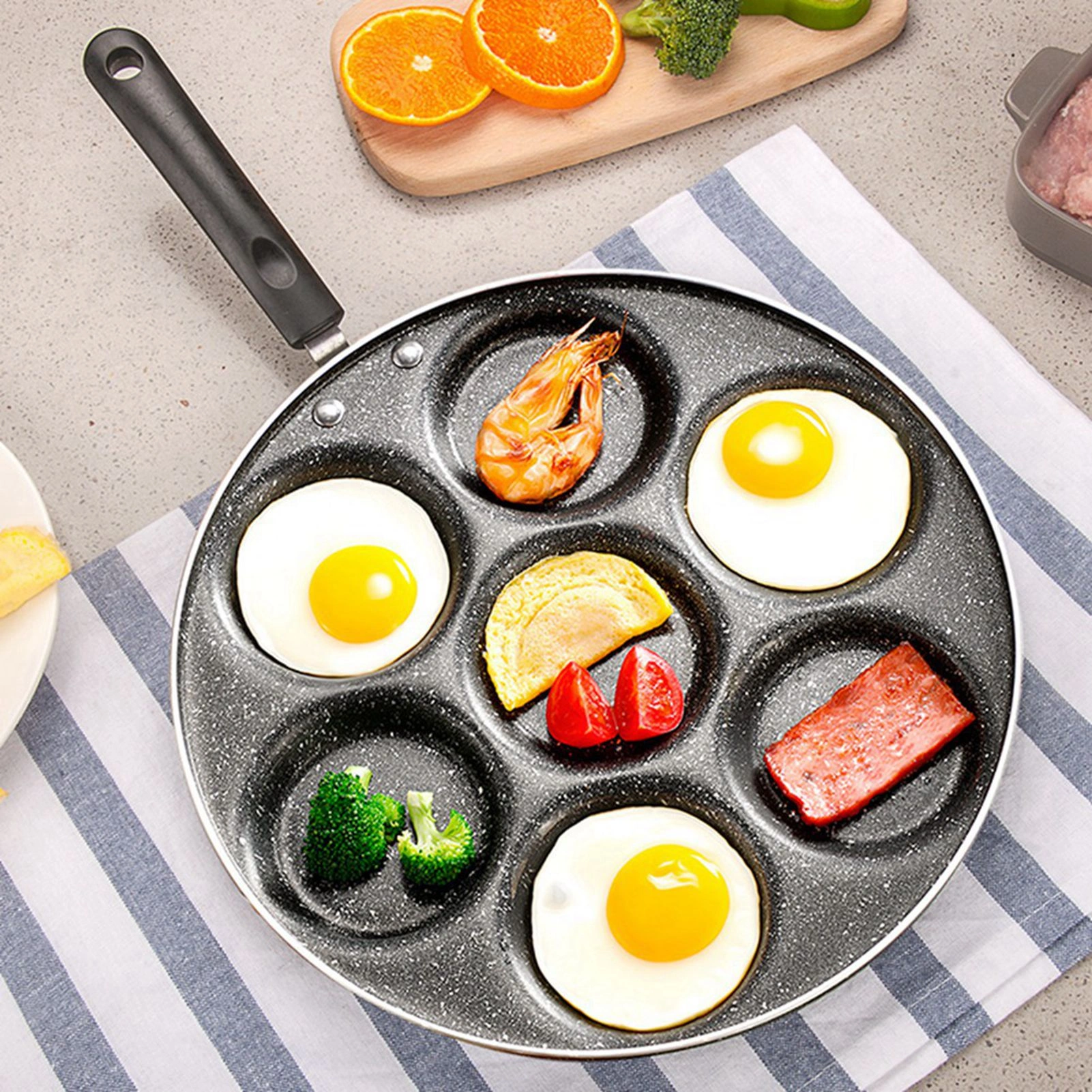 7 Hole Non Stick Frying Pan - Egg Cooker Mold & Burger Grill Pan, Household Kitchen Cookware for Fried Eggs view 2
