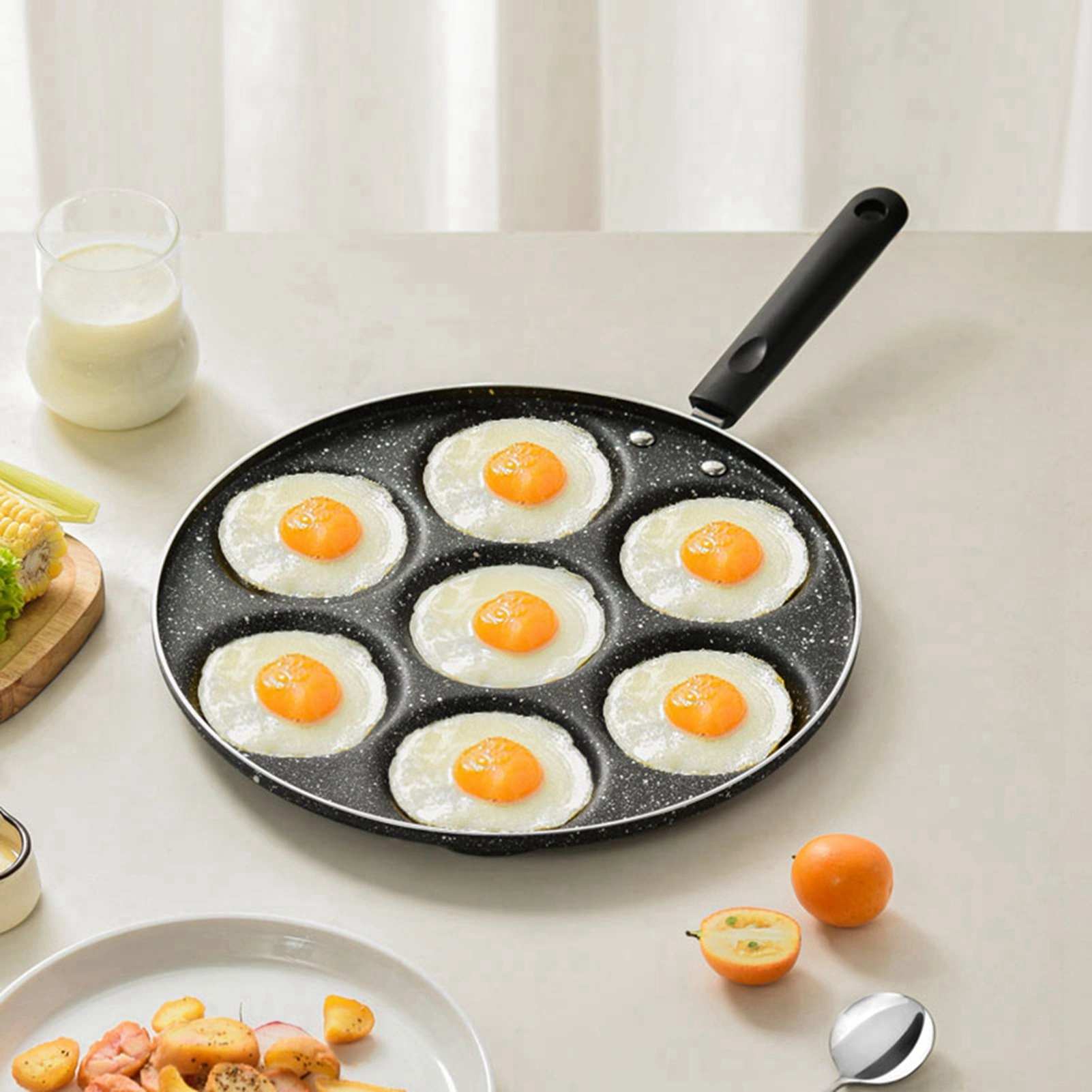 7 Hole Non Stick Frying Pan - Egg Cooker Mold & Burger Grill Pan, Household Kitchen Cookware for Fried Eggs view 3