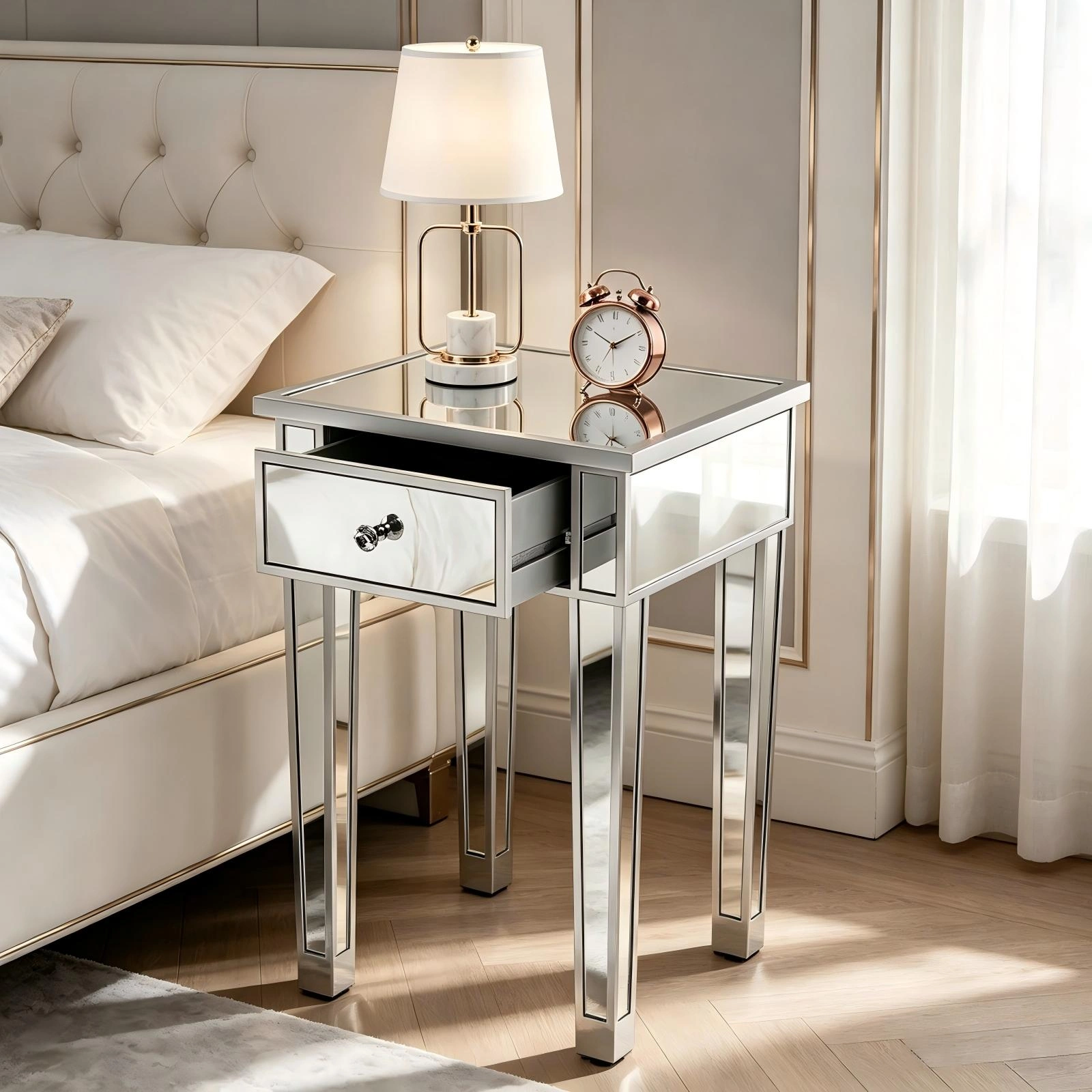Silver Mirrored Bedside Table 1 Drawer, MDF Nightstand 15.75x15.75