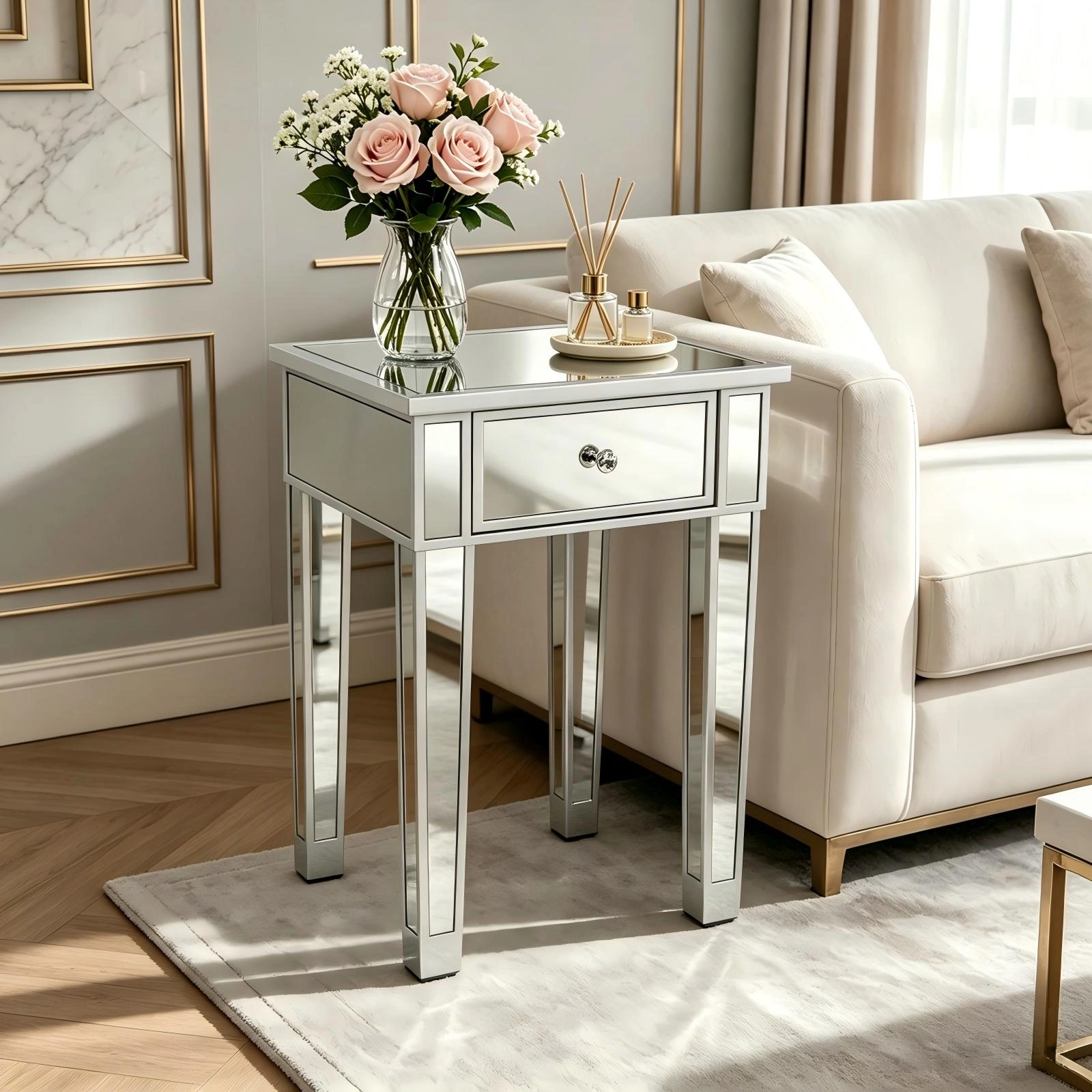 Silver Mirrored Bedside Table 1 Drawer, MDF Nightstand 15.75x15.75 view 2