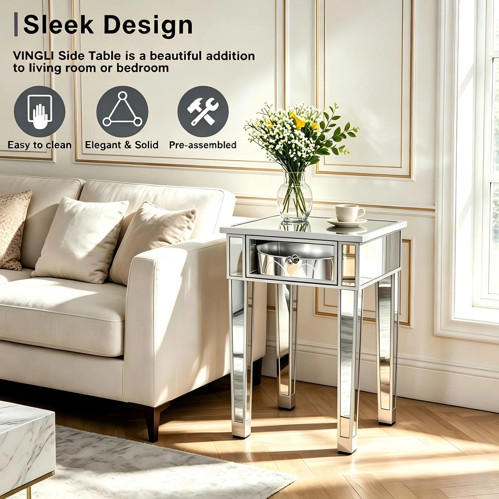 Silver Mirrored Bedside Table 1 Drawer, MDF Nightstand 15.75x15.75 view 5