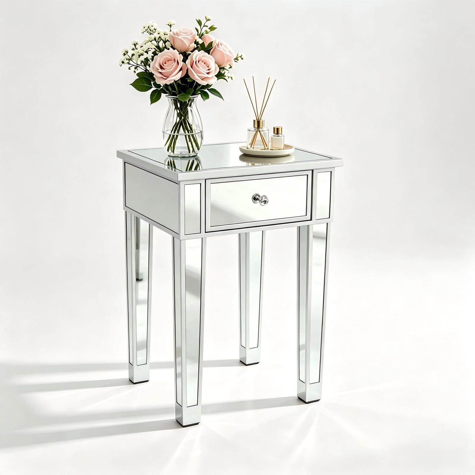 Silver Mirrored Bedside Table 1 Drawer, MDF Nightstand 15.75x15.75 view 8