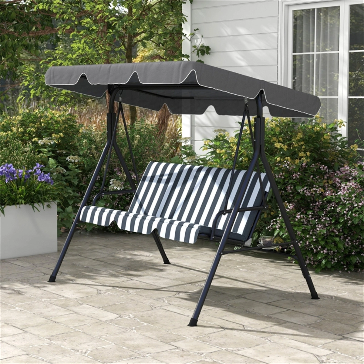 Outdoor Hanging Swing Chair with 3 Cushions, Porch Pendant Chair for Patio Deck Balcony - Grey Stripe