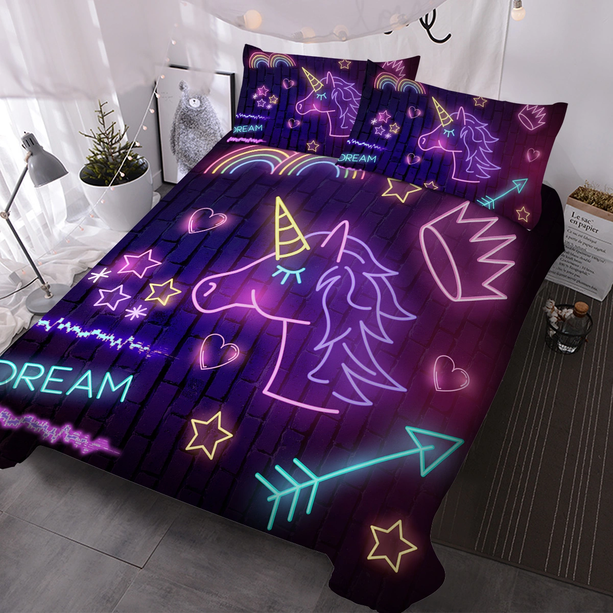 Star Unicorn 3 Piece Duvet Cover Set - Neon Black Unicorn Print Double Bedding Set