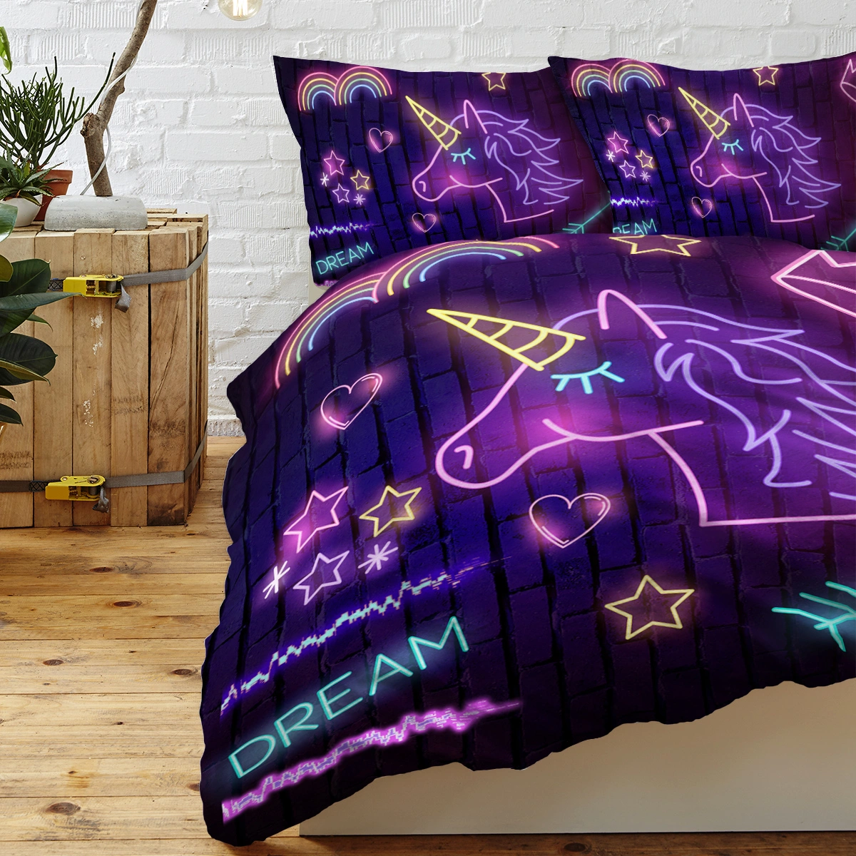 Star Unicorn 3 Piece Duvet Cover Set - Neon Black Unicorn Print Double Bedding Set view 2