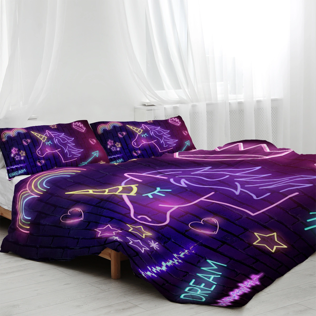 Star Unicorn 3 Piece Duvet Cover Set - Neon Black Unicorn Print Double Bedding Set view 3
