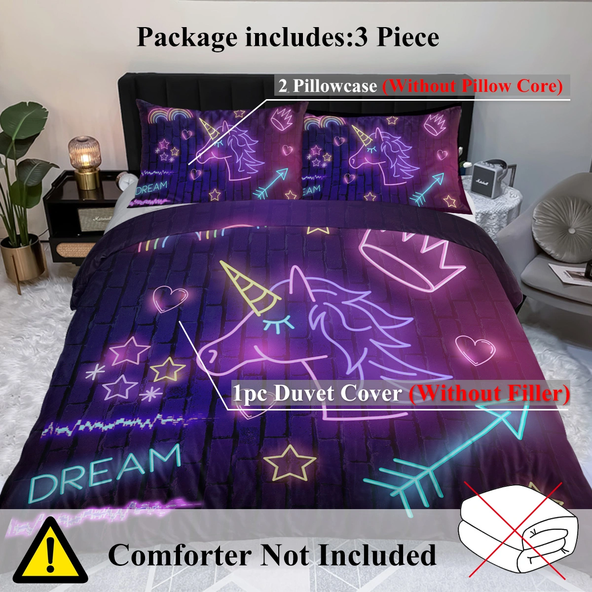 Star Unicorn 3 Piece Duvet Cover Set - Neon Black Unicorn Print Double Bedding Set view 4