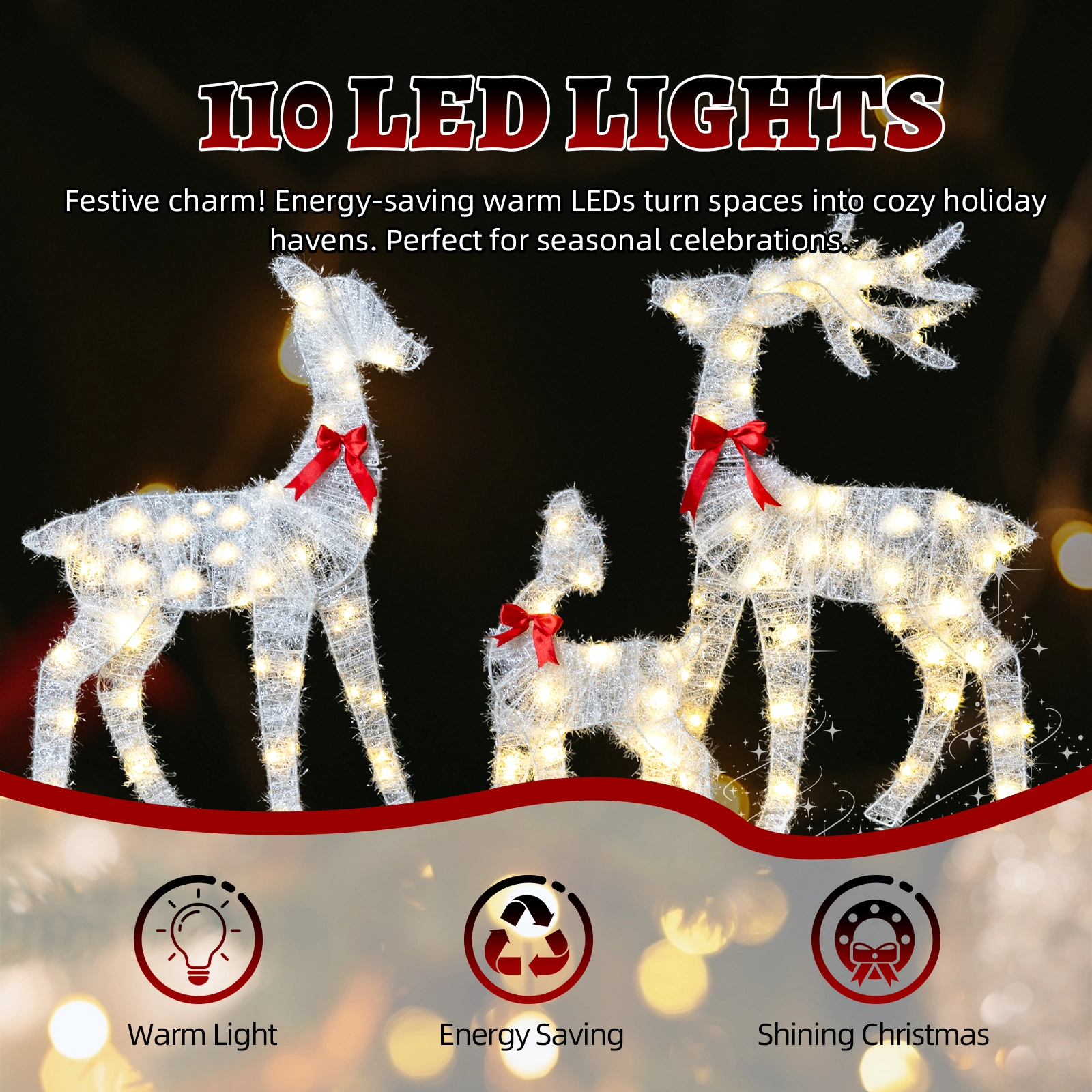 Christmas Reindeer Family Set of 3, 2.4ft Pre-lit 110 LED Warm White Tinsel Deer Outdoor Decor, Weatherproof White Holiday Yard Art