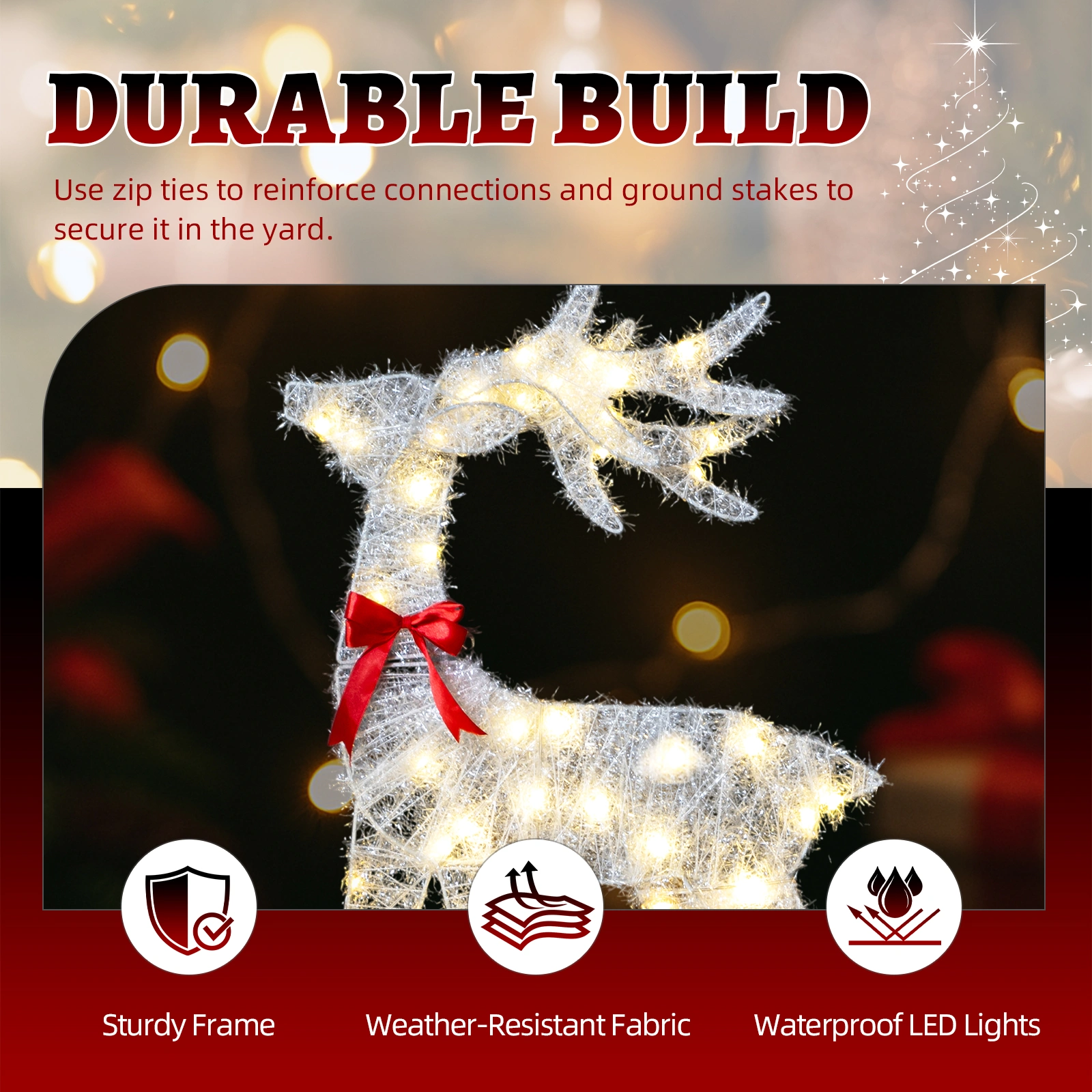 Christmas Reindeer Family Set of 3, 2.4ft Pre-lit 110 LED Warm White Tinsel Deer Outdoor Decor, Weatherproof White Holiday Yard Art view 2