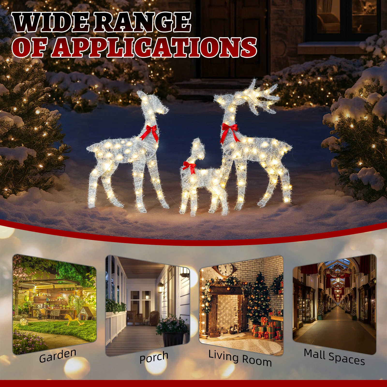 Christmas Reindeer Family Set of 3, 2.4ft Pre-lit 110 LED Warm White Tinsel Deer Outdoor Decor, Weatherproof White Holiday Yard Art view 5
