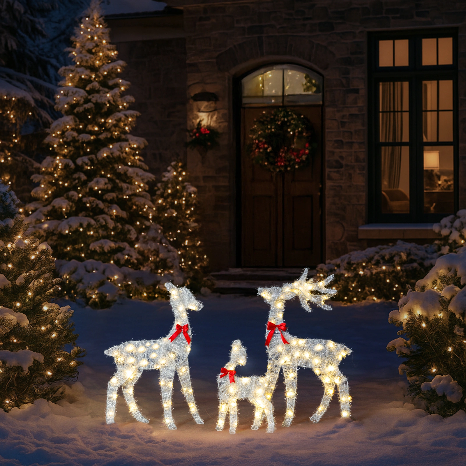 Christmas Reindeer Family Set of 3, 2.4ft Pre-lit 110 LED Warm White Tinsel Deer Outdoor Decor, Weatherproof White Holiday Yard Art view 7
