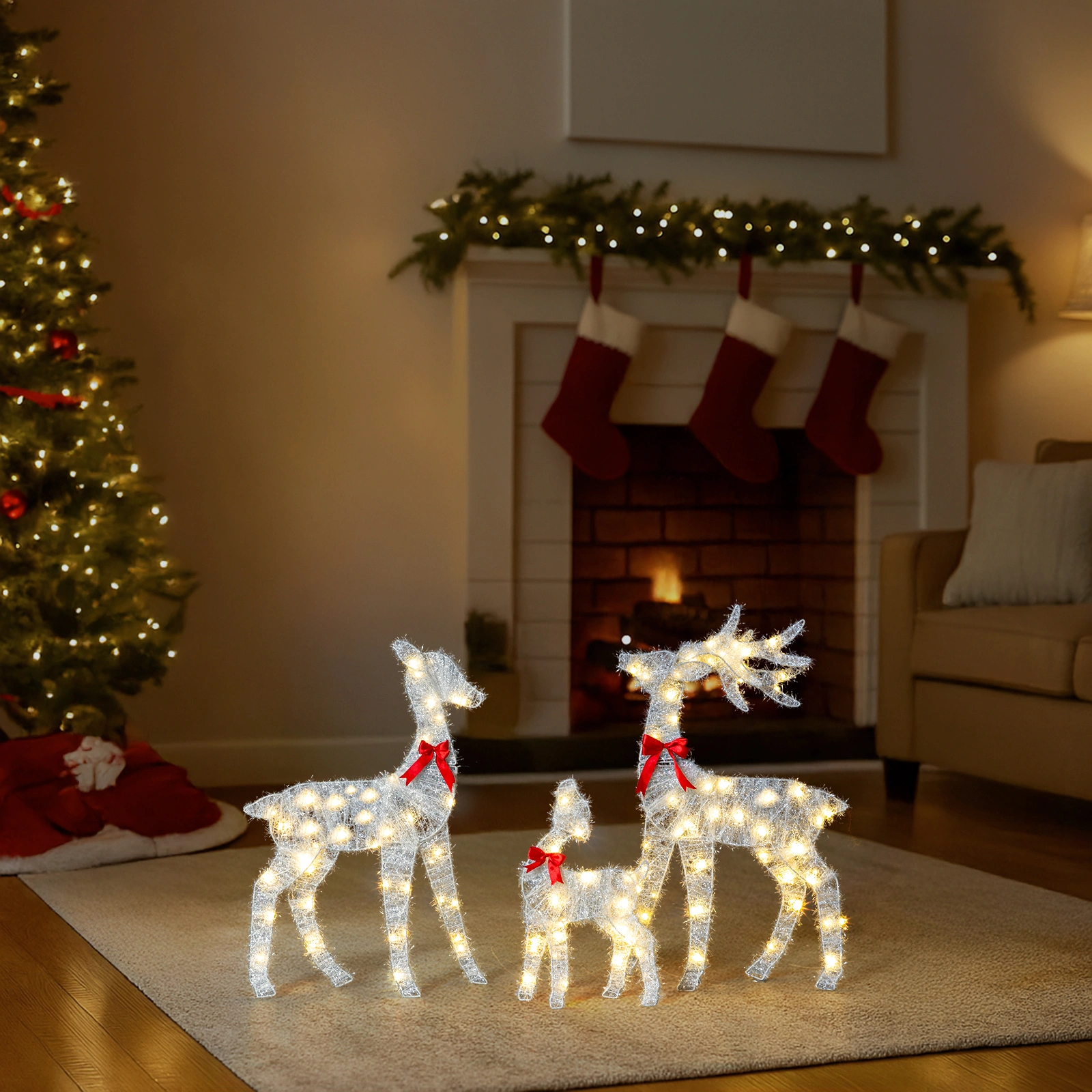Christmas Reindeer Family Set of 3, 2.4ft Pre-lit 110 LED Warm White Tinsel Deer Outdoor Decor, Weatherproof White Holiday Yard Art view 9