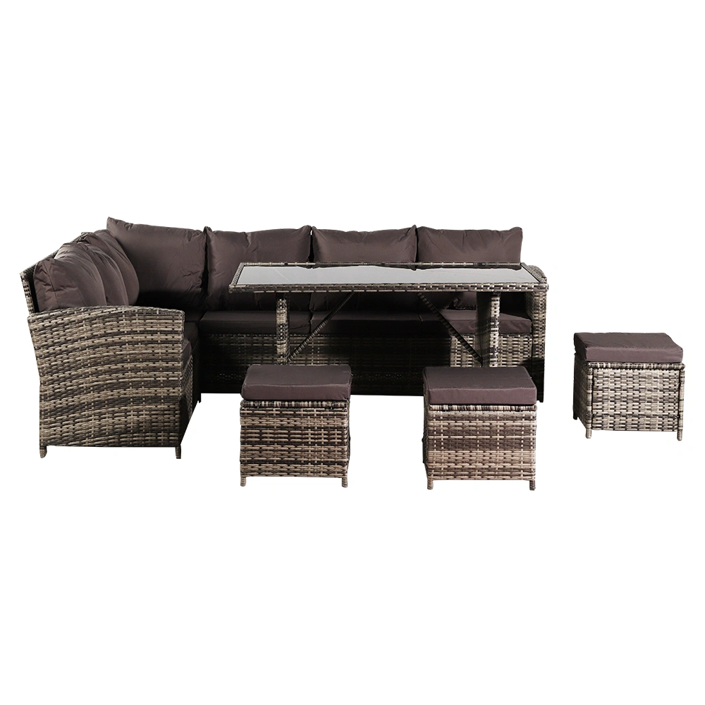 9-Seater Rattan Outdoor Sofa Dining Set with Glass Table, Free Rain Cover, Dark Grey Cushions, UK Flame Retardant Grey Wicker