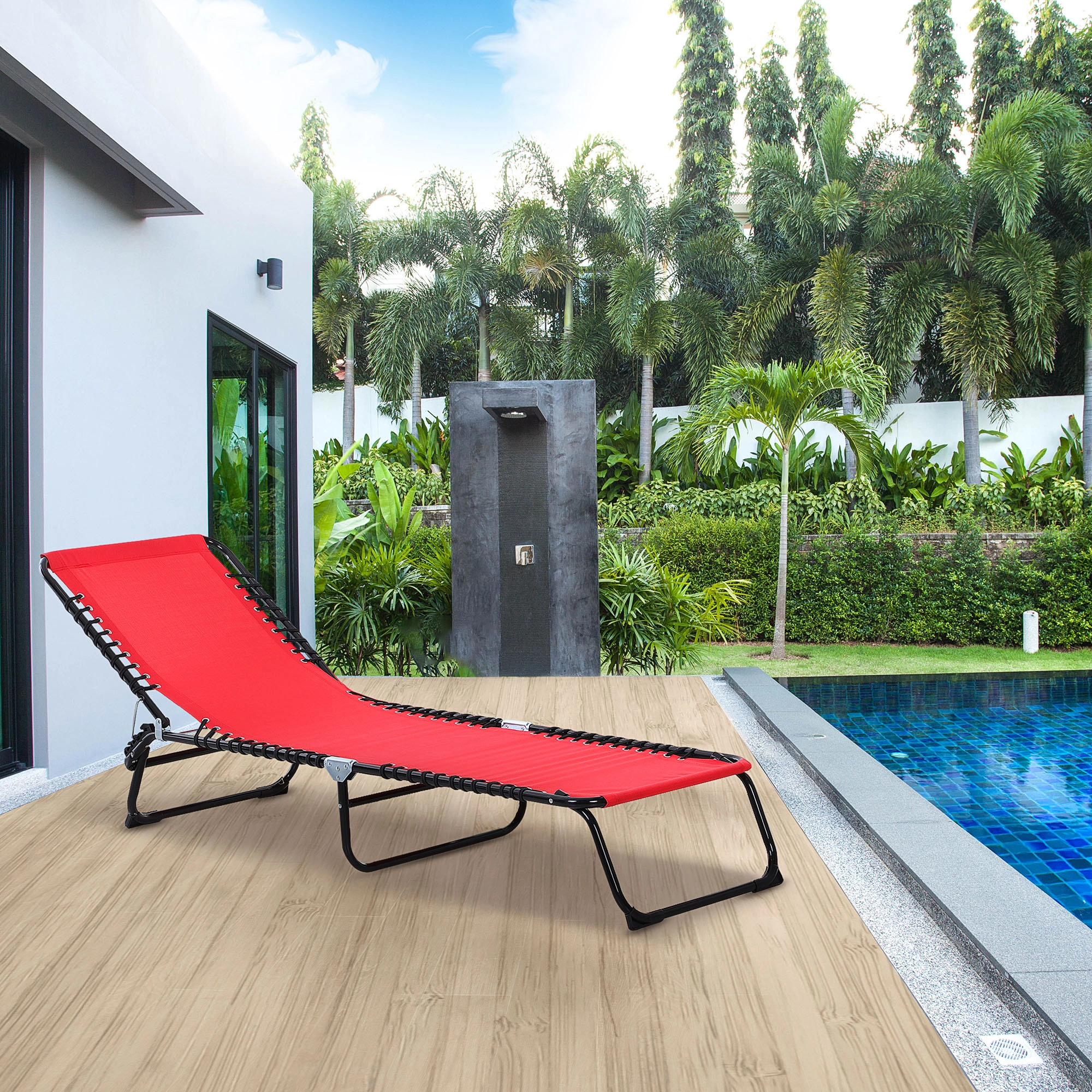 Wine Red Folding Chaise Lounge Pool Chair 4-Position Reclining Backrest with Pillow Mesh
