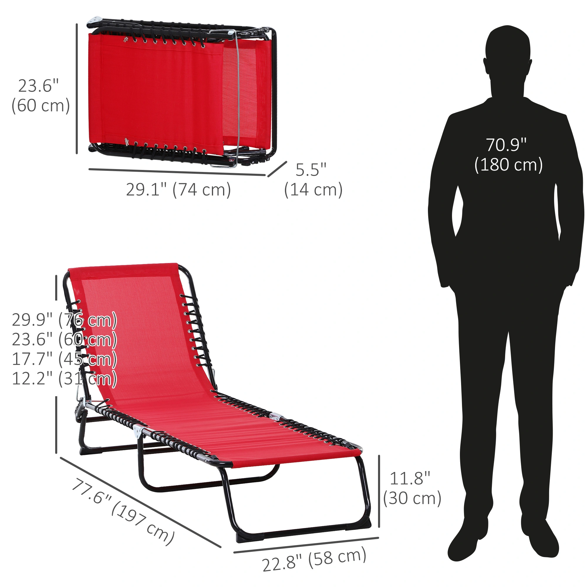 Wine Red Folding Chaise Lounge Pool Chair 4-Position Reclining Backrest with Pillow Mesh view 3