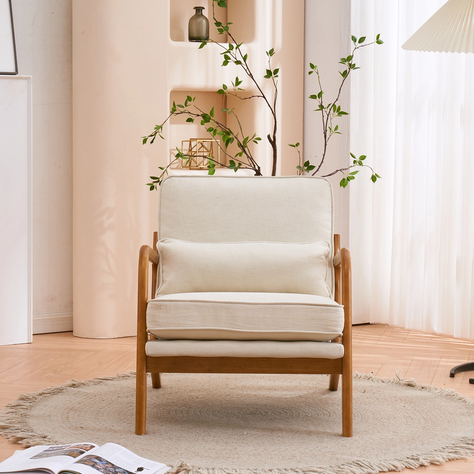 Oak Armrest Oak Upholstered Single Lounge Chair Indoor Lounge Chair Off-White view 20