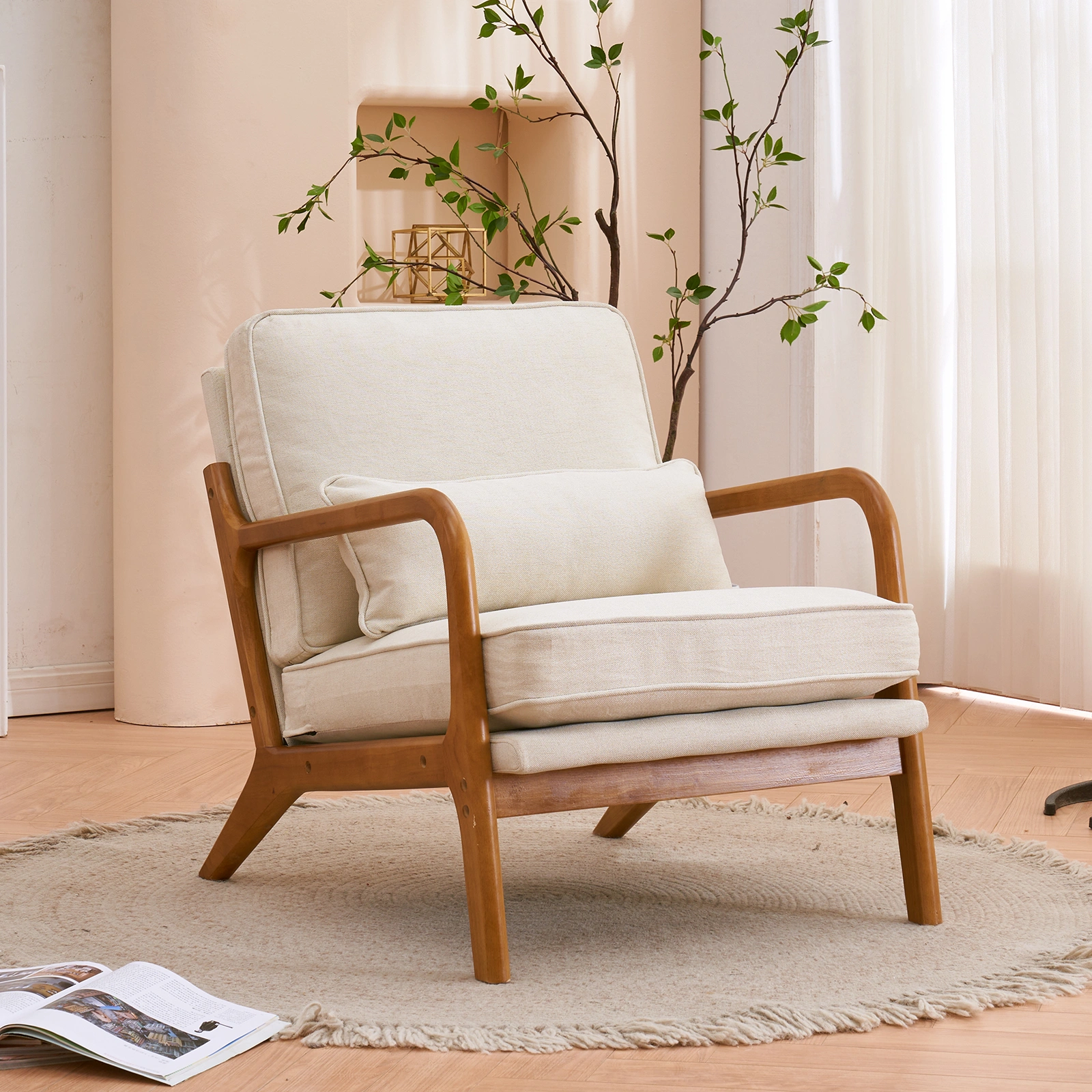 Oak Armrest Oak Upholstered Single Lounge Chair Indoor Lounge Chair Off-White view 21