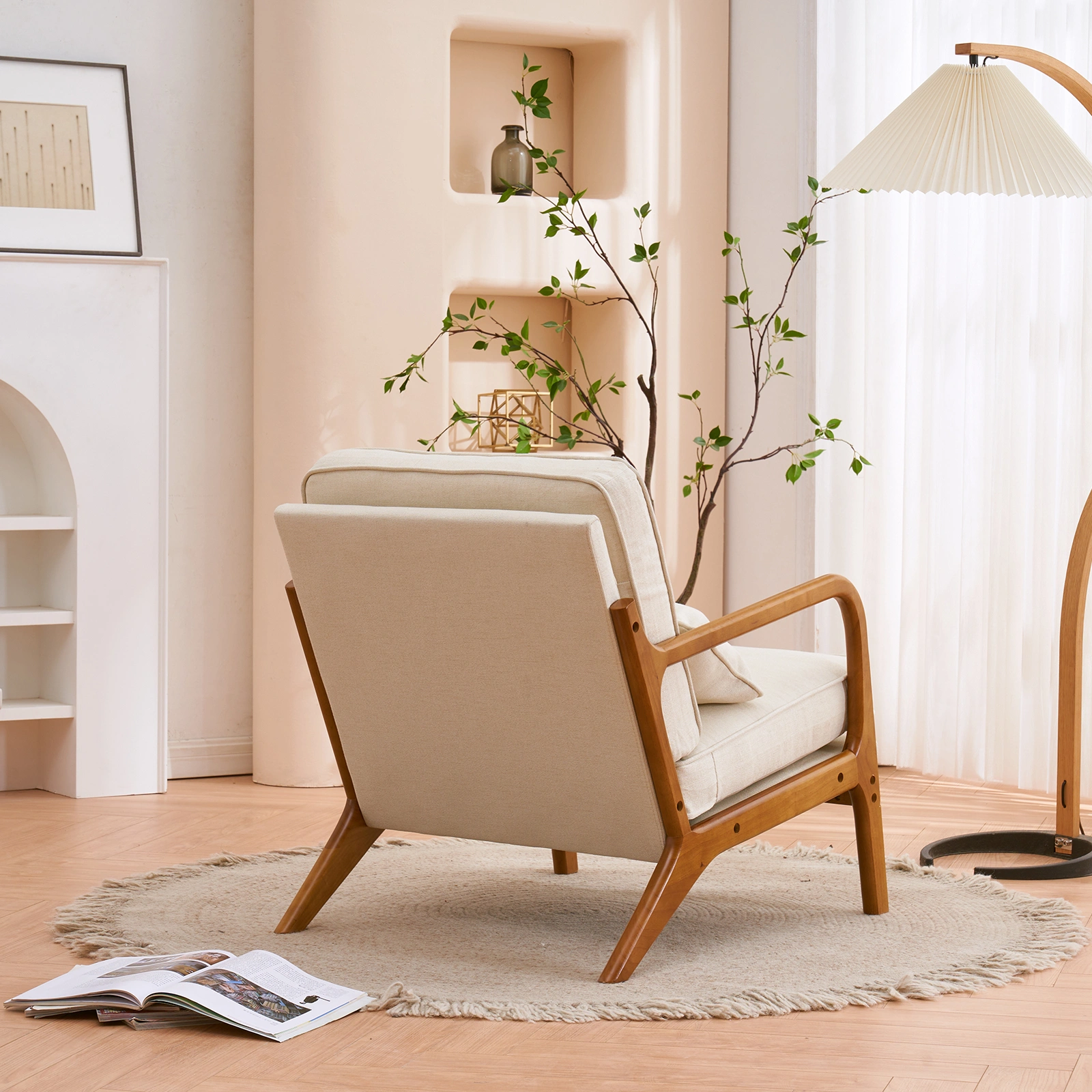Oak Armrest Oak Upholstered Single Lounge Chair Indoor Lounge Chair Off-White view 24