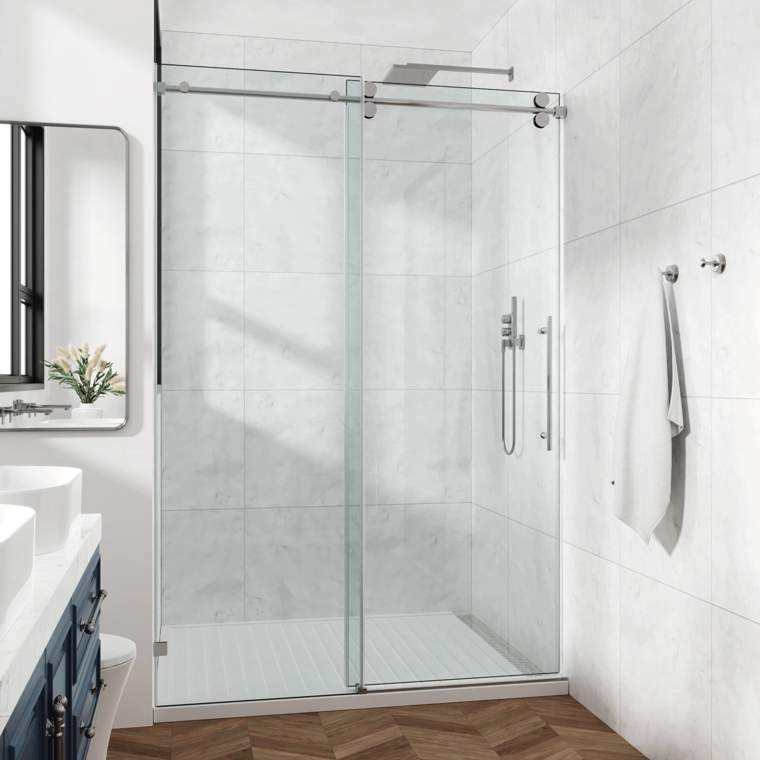 60x76 Inch Frameless Fixed & Sliding Shower Door - 3/8" (10mm) SGCC Tempered Glass, Clear, Stainless Steel Round Tube Hardware view 2