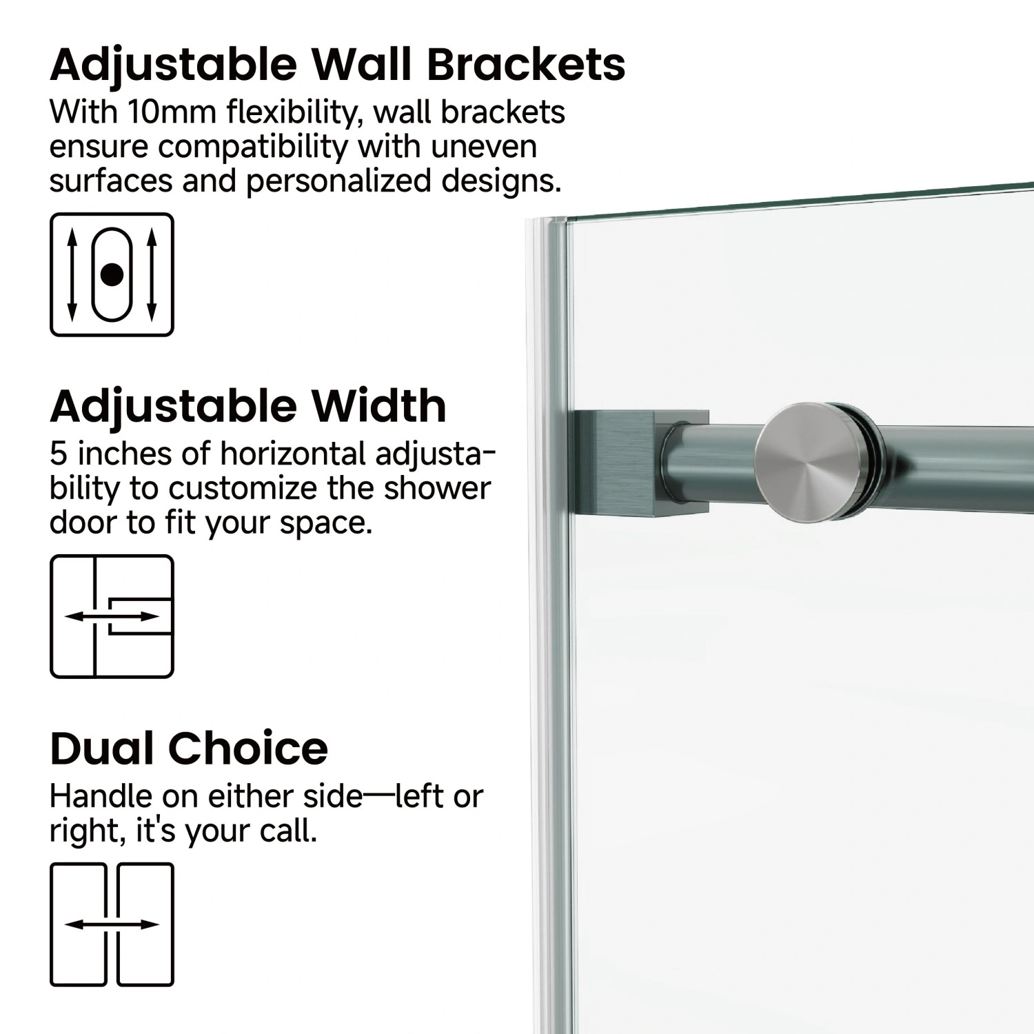 60x76 Inch Frameless Fixed & Sliding Shower Door - 3/8" (10mm) SGCC Tempered Glass, Clear, Stainless Steel Round Tube Hardware view 3