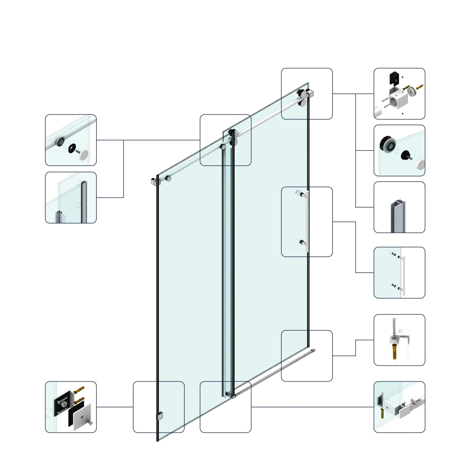 60x76 Inch Frameless Fixed & Sliding Shower Door - 3/8" (10mm) SGCC Tempered Glass, Clear, Stainless Steel Round Tube Hardware view 8