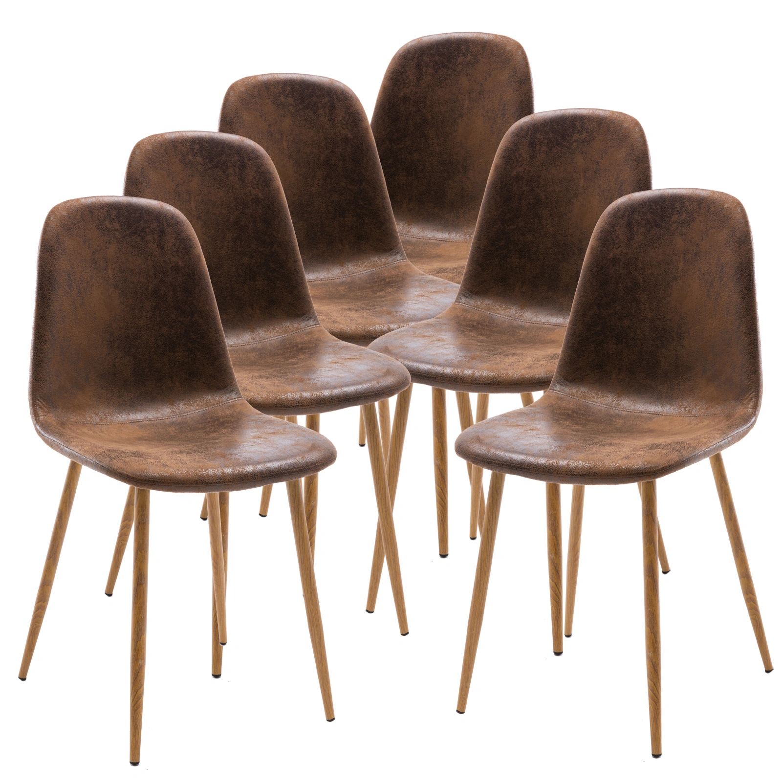 Set of 6 Suede Leather Dining Chairs, Brown Upholstered Dining Room Chair Set