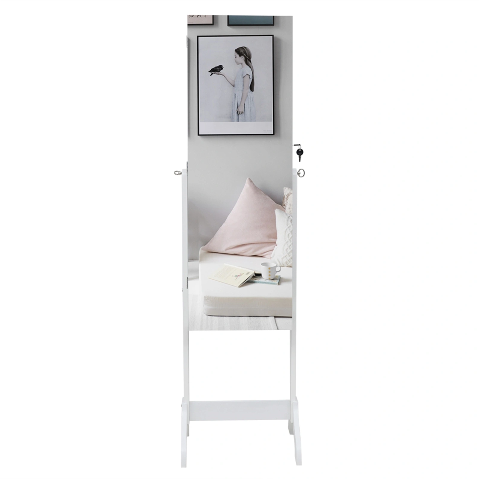 White Wooden Floor Standing Mirror Cabinet 4-Tier Shelf 2 Drawers Adjustable Interior Mirror Jewelry Storage Organizer view 2