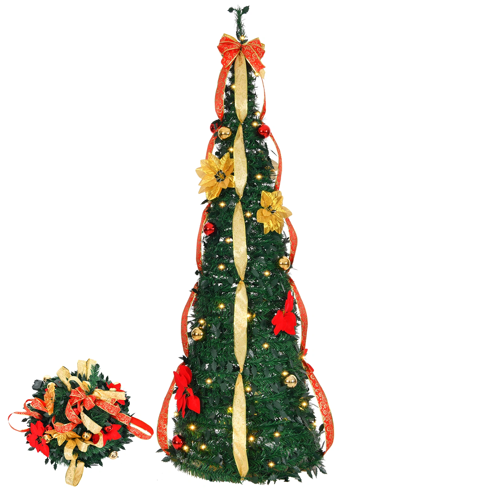 6 FT Pop Up Christmas Tree Fully Decorated, Pre-lit Artificial Xmas Tree with 80 Warm Battery-Operated Lights, Red & Gold Ornaments