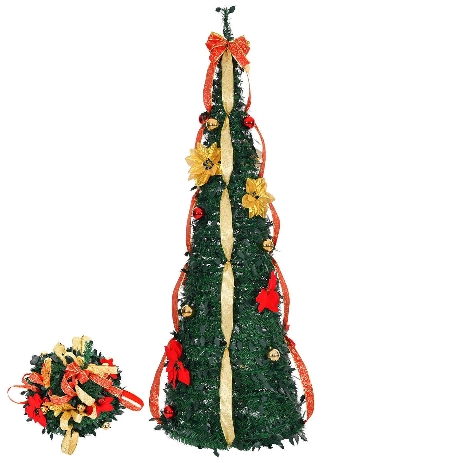 6 FT Pop Up Christmas Tree Fully Decorated, Pre-lit Artificial Xmas Tree with 80 Warm Battery-Operated Lights, Red & Gold Ornaments view 2