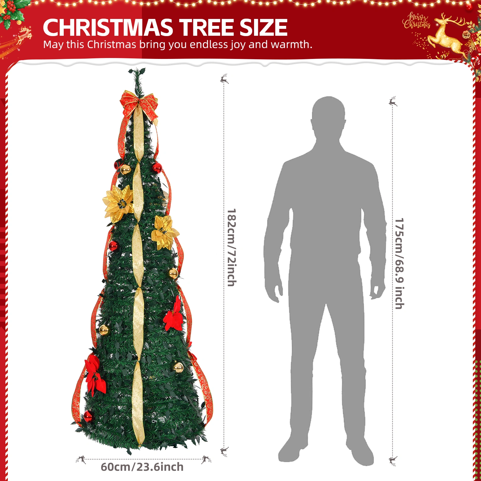 6 FT Pop Up Christmas Tree Fully Decorated, Pre-lit Artificial Xmas Tree with 80 Warm Battery-Operated Lights, Red & Gold Ornaments view 3