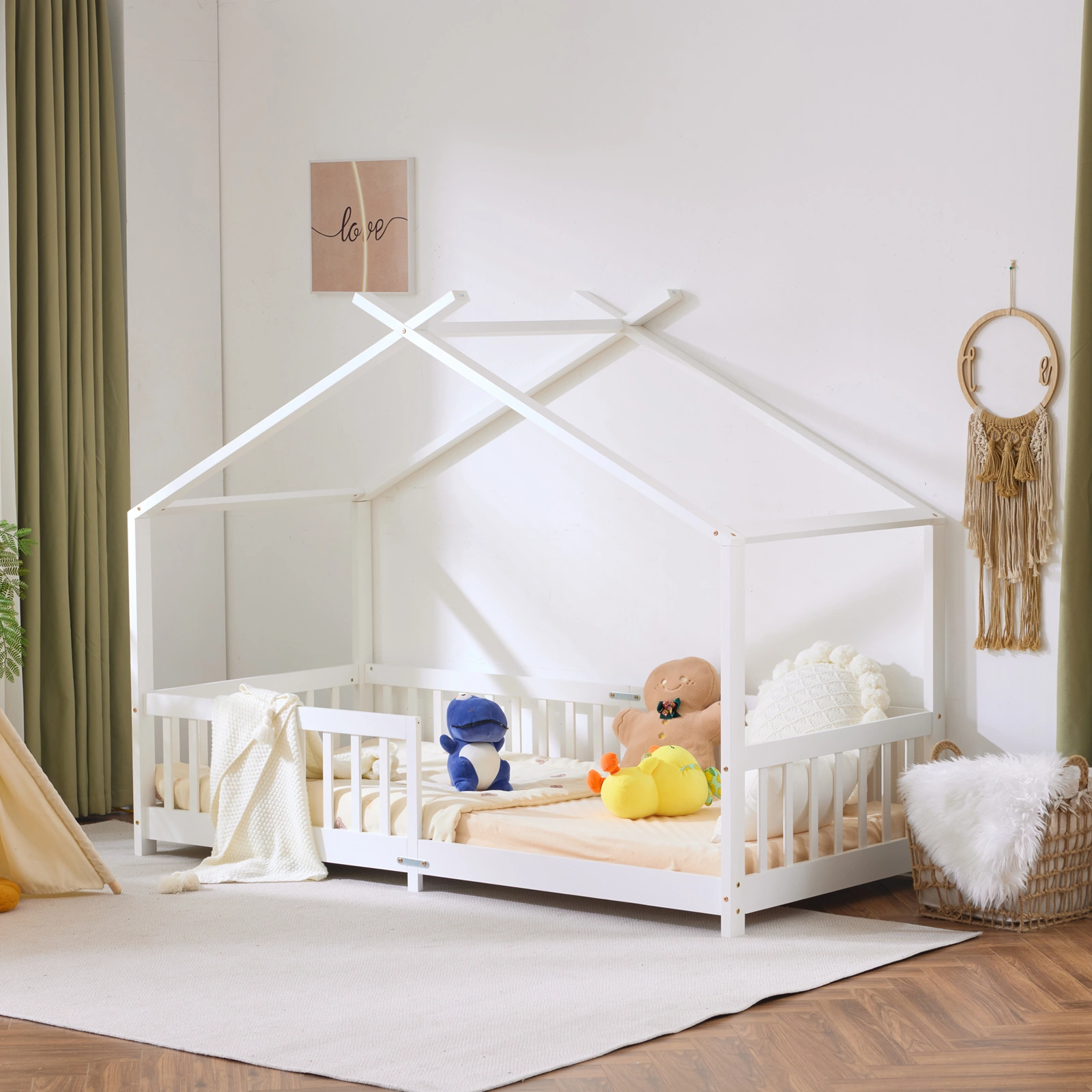 Kids Castle Bed Frame X-Shaped Roof House Tent Design White Pine Wooden Toddler Bed 193x103x169cm