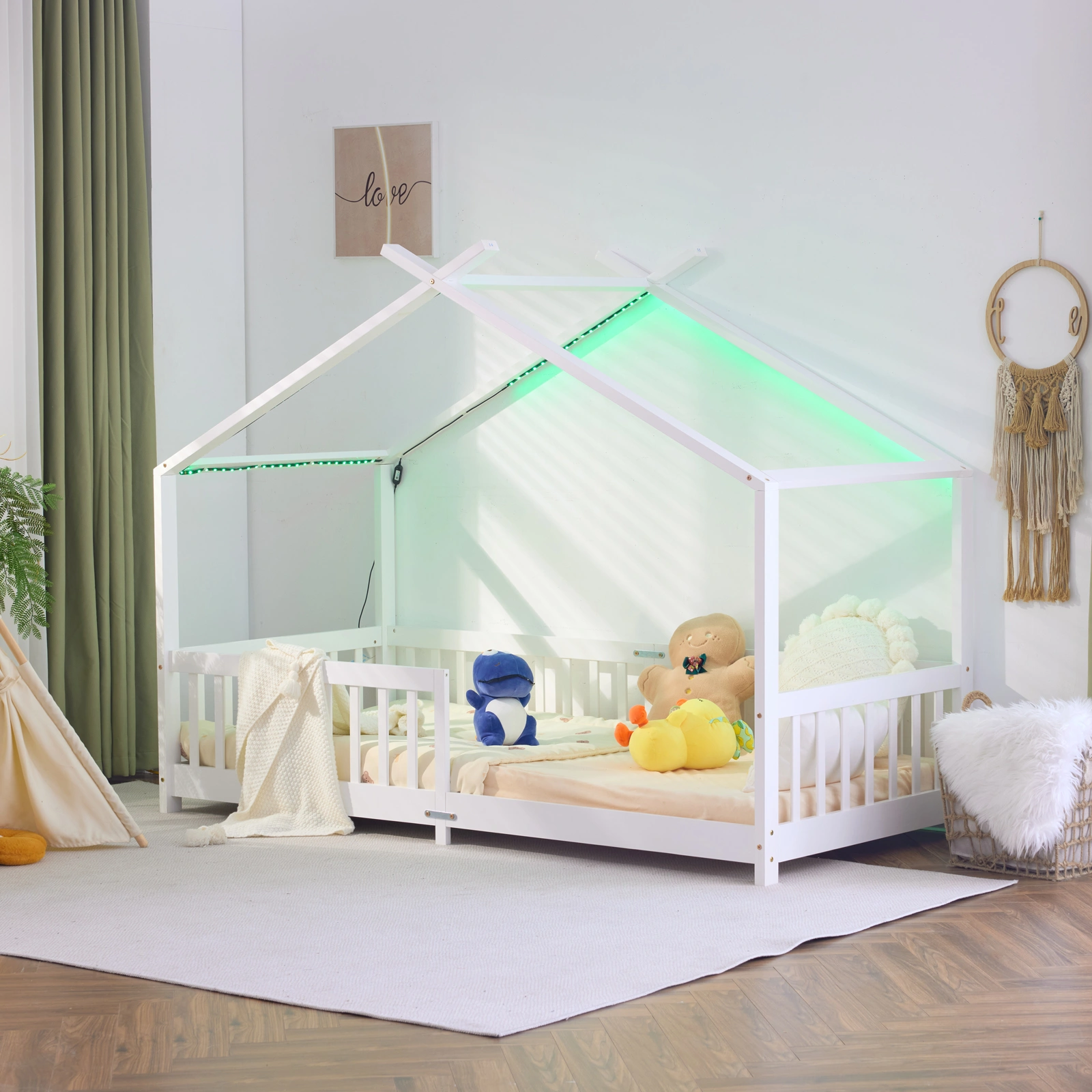Kids Castle Bed Frame X-Shaped Roof House Tent Design White Pine Wooden Toddler Bed 193x103x169cm view 2