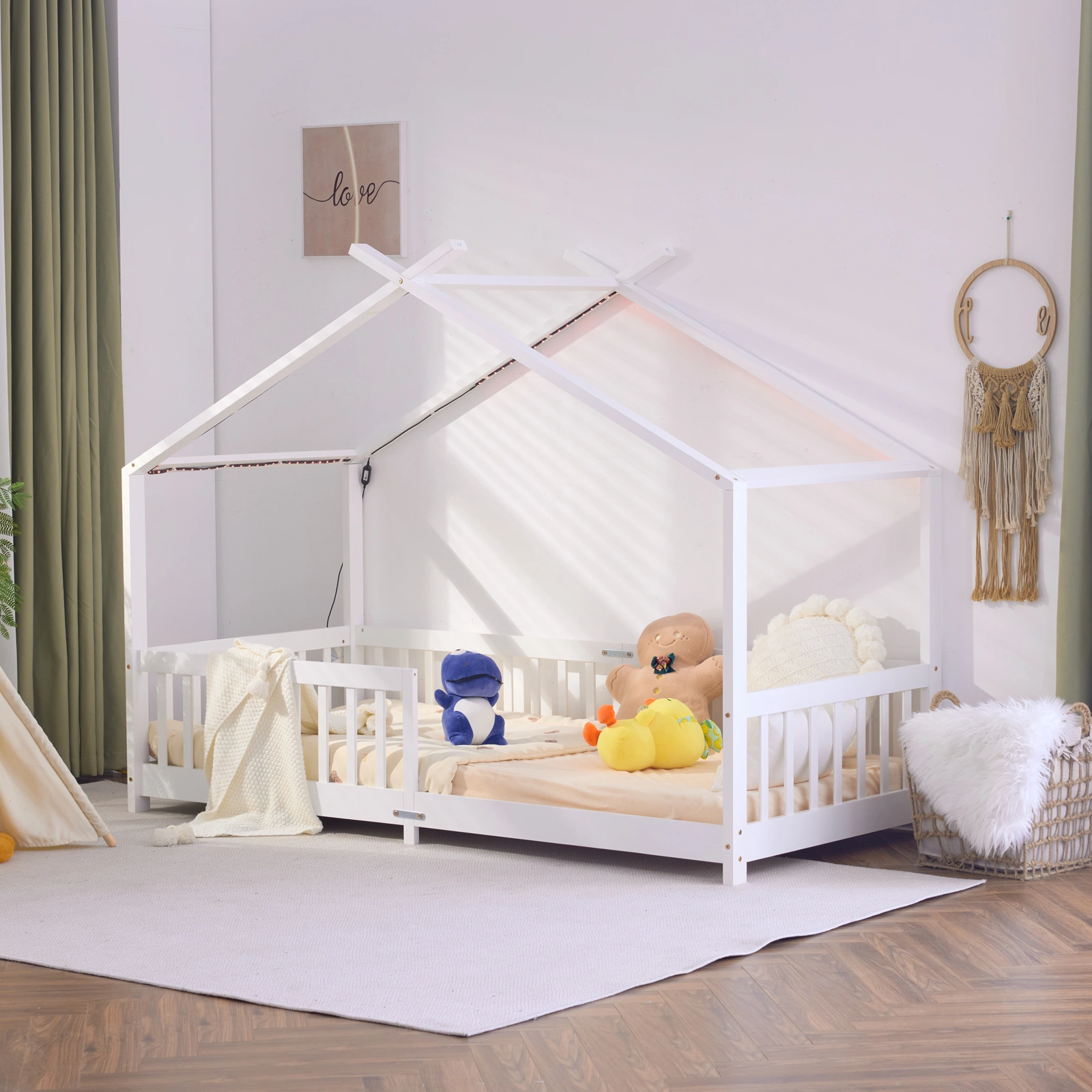 Kids Castle Bed Frame X-Shaped Roof House Tent Design White Pine Wooden Toddler Bed 193x103x169cm view 3