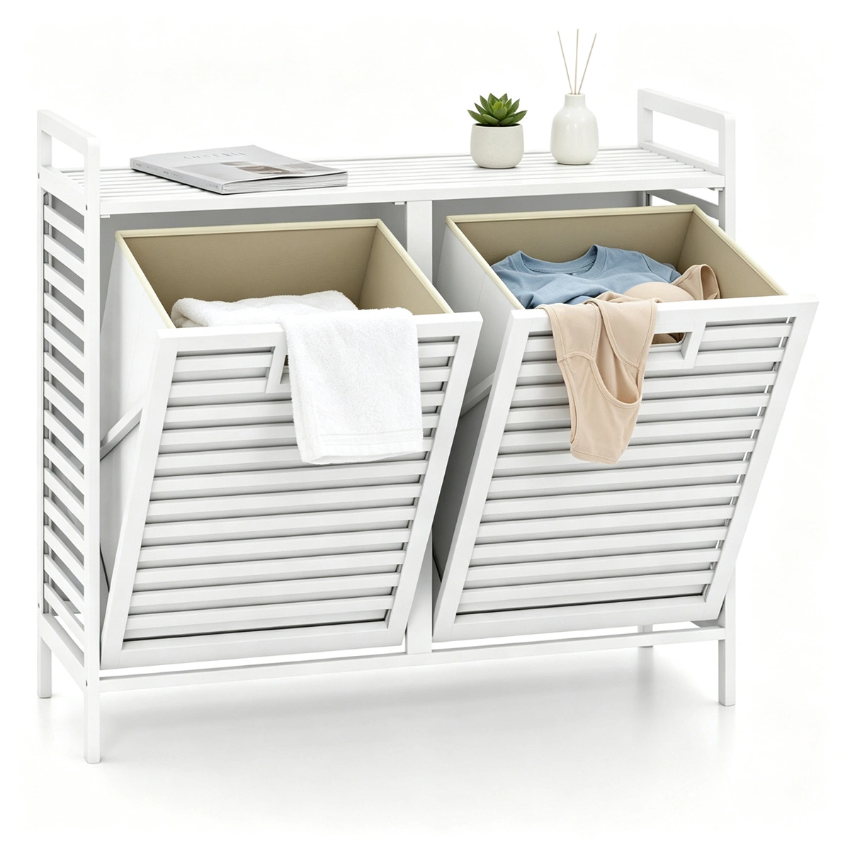 Bamboo 2-Bin Pull-Out Laundry Hamper Cabinet, 10-Gallon Removable Fabric Sorter Baskets with Top Shelf, Ventilated Tilt-Out Laundry Organizer - White