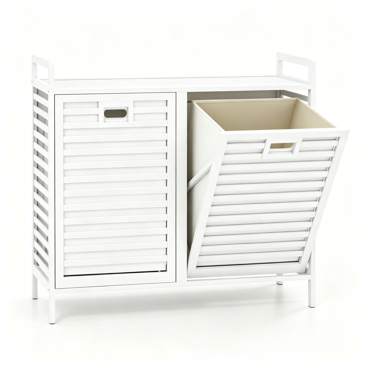 Bamboo 2-Bin Pull-Out Laundry Hamper Cabinet, 10-Gallon Removable Fabric Sorter Baskets with Top Shelf, Ventilated Tilt-Out Laundry Organizer - White view 3