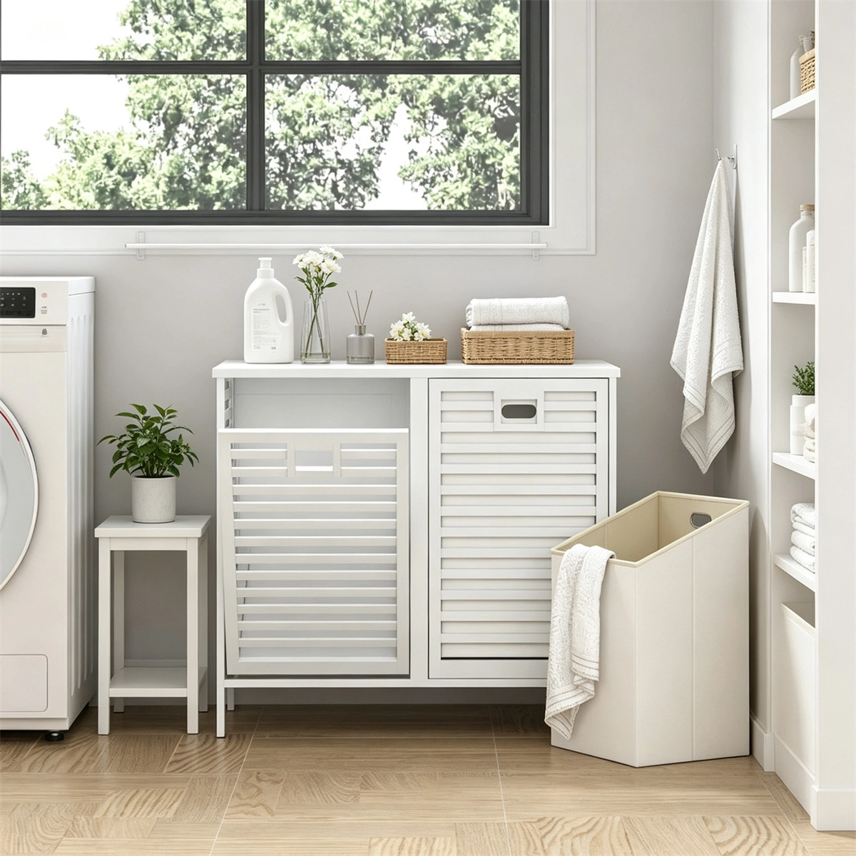 Bamboo 2-Bin Pull-Out Laundry Hamper Cabinet, 10-Gallon Removable Fabric Sorter Baskets with Top Shelf, Ventilated Tilt-Out Laundry Organizer - White view 4