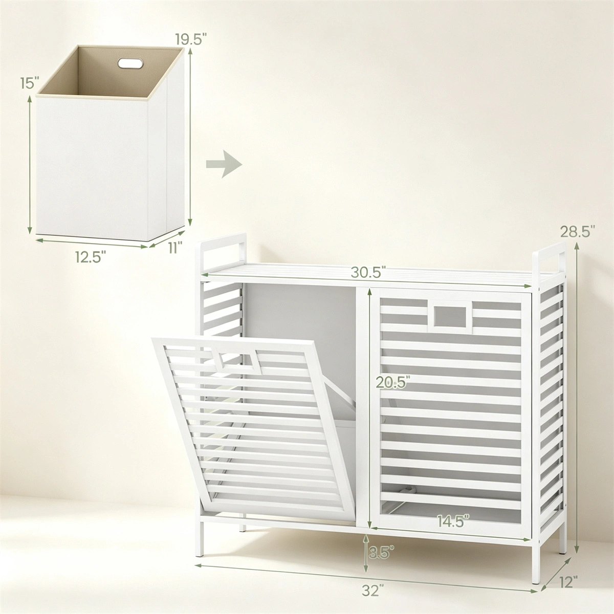 Bamboo 2-Bin Pull-Out Laundry Hamper Cabinet, 10-Gallon Removable Fabric Sorter Baskets with Top Shelf, Ventilated Tilt-Out Laundry Organizer - White view 5