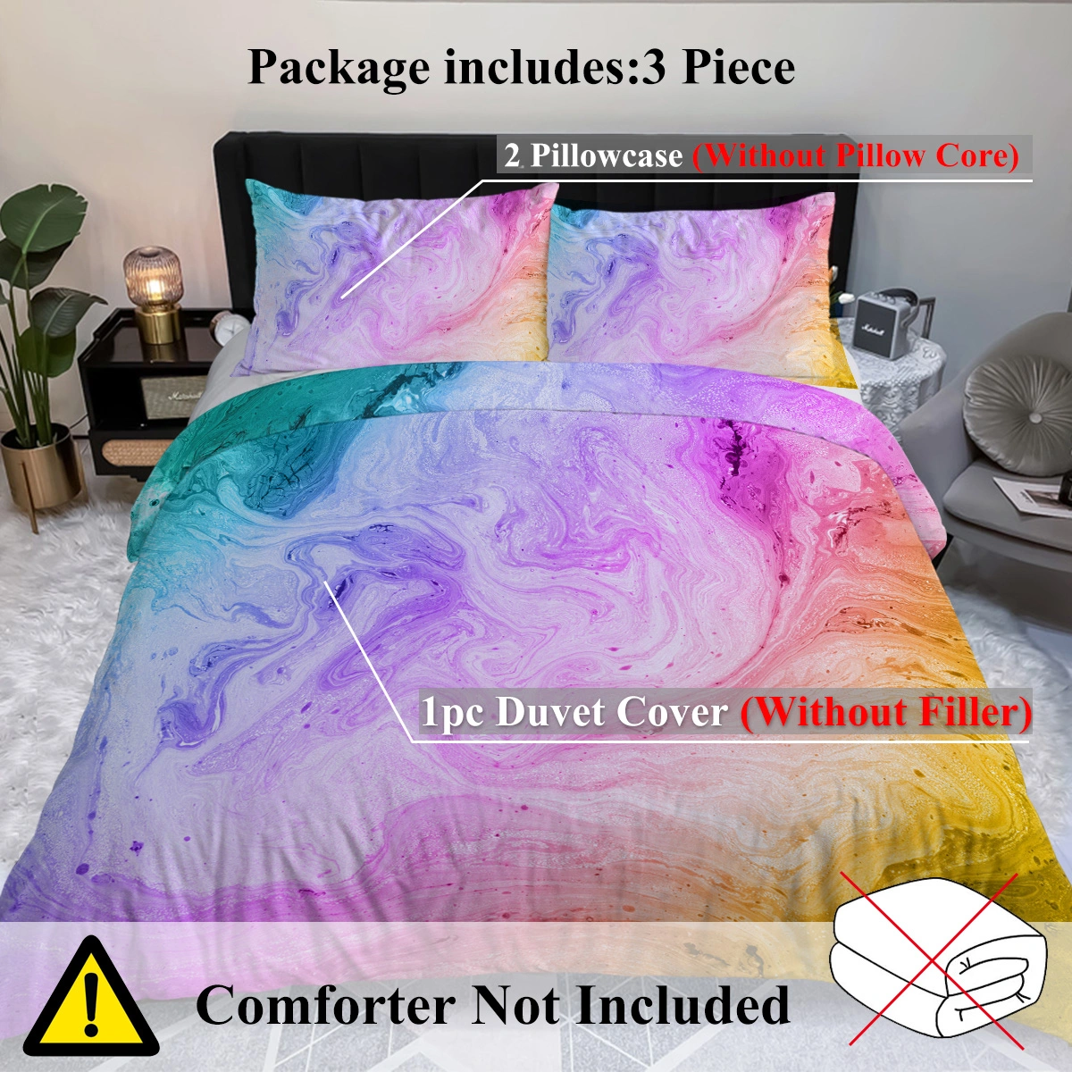 Girly Duvet Cover Rainbow Glitter Ombre Bedding Sets 3 Pcs Chic Unicorn Pink Purple Blue Green Pastel Bed Spreads Sparkle Quilt Cover Set with 2 Pillow Shams (Single) view 4