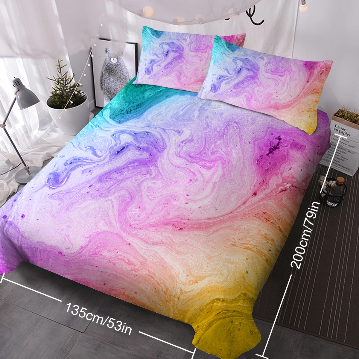 Girly Duvet Cover Rainbow Glitter Ombre Bedding Sets 3 Pcs Chic Unicorn Pink Purple Blue Green Pastel Bed Spreads Sparkle Quilt Cover Set with 2 Pillow Shams (Single) view 9