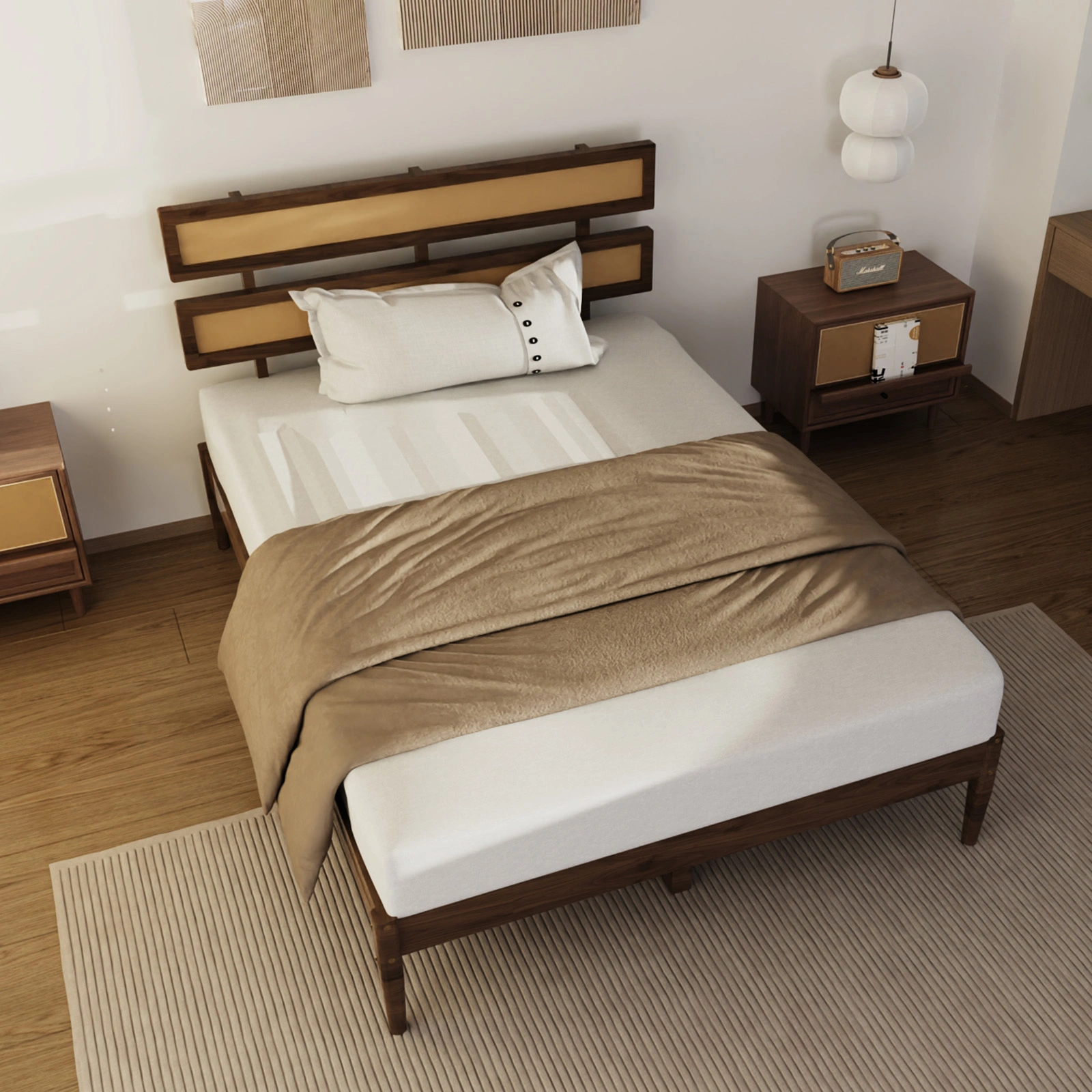 Dark walnut wood painted finish + rattan and pine wood double headboard full size wooden bed, Bohemian style