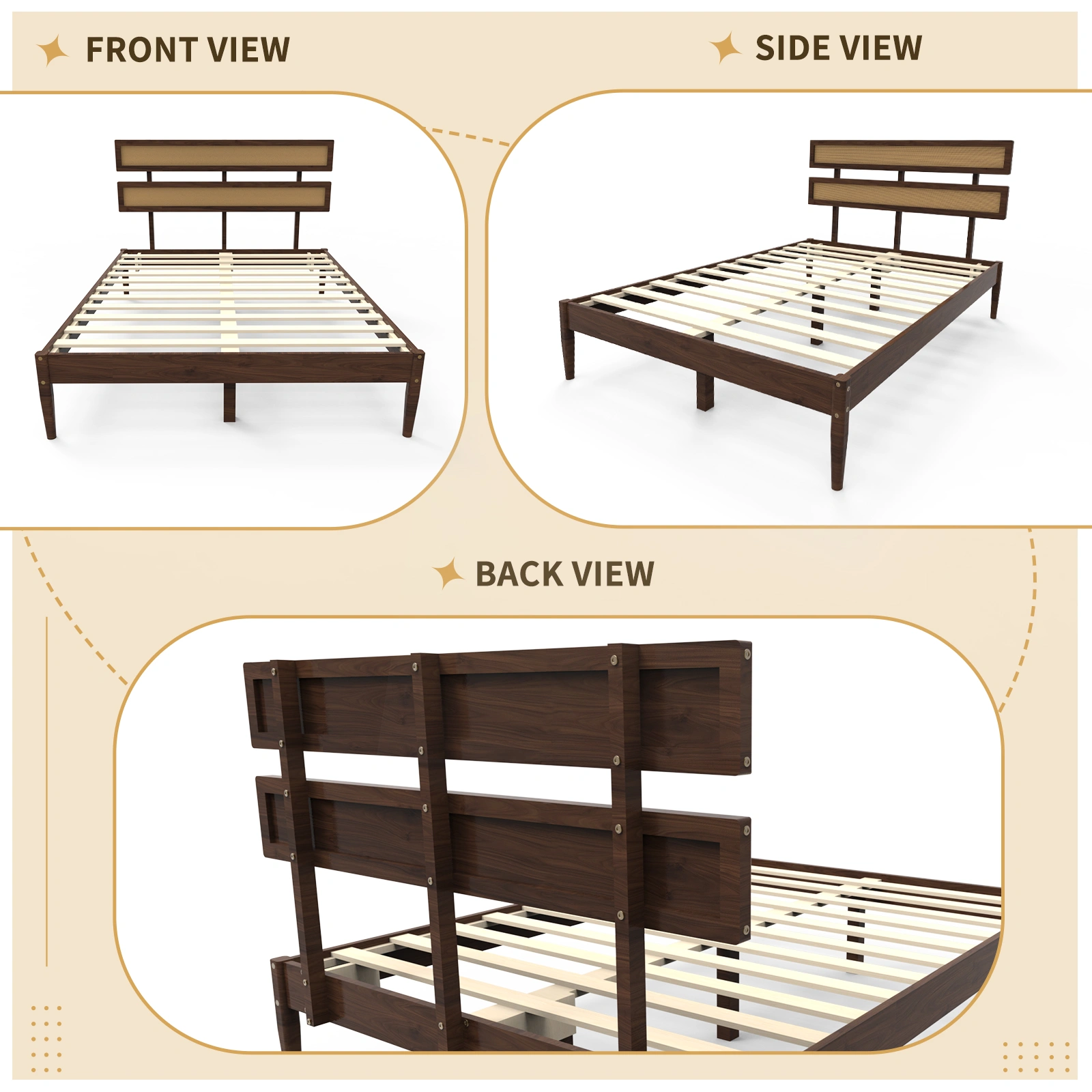 Dark walnut wood painted finish + rattan and pine wood double headboard full size wooden bed, Bohemian style view 10