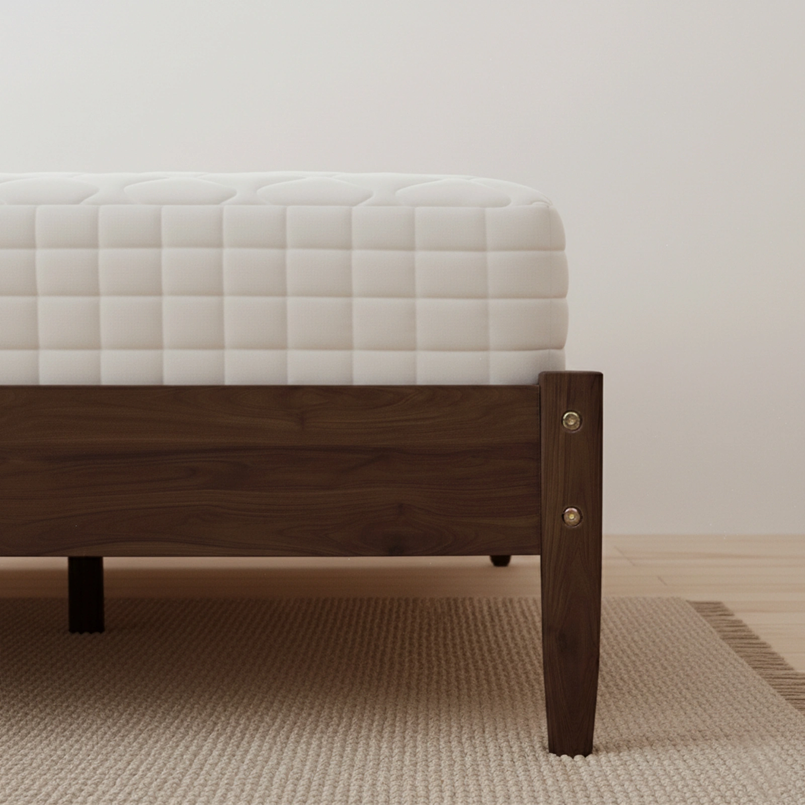 Dark walnut wood painted finish + rattan and pine wood double headboard full size wooden bed, Bohemian style view 12
