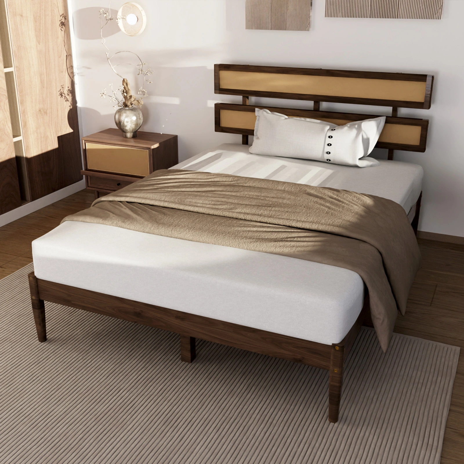 Dark walnut wood painted finish + rattan and pine wood double headboard full size wooden bed, Bohemian style view 3