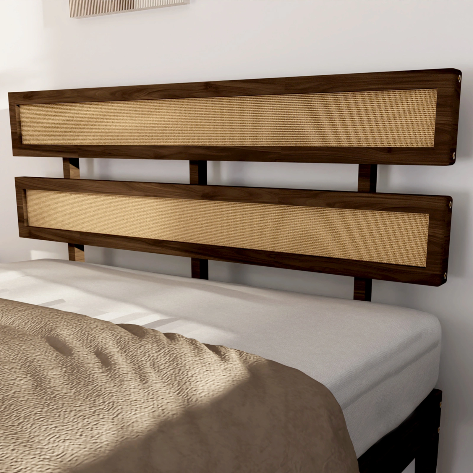 Dark walnut wood painted finish + rattan and pine wood double headboard full size wooden bed, Bohemian style view 5