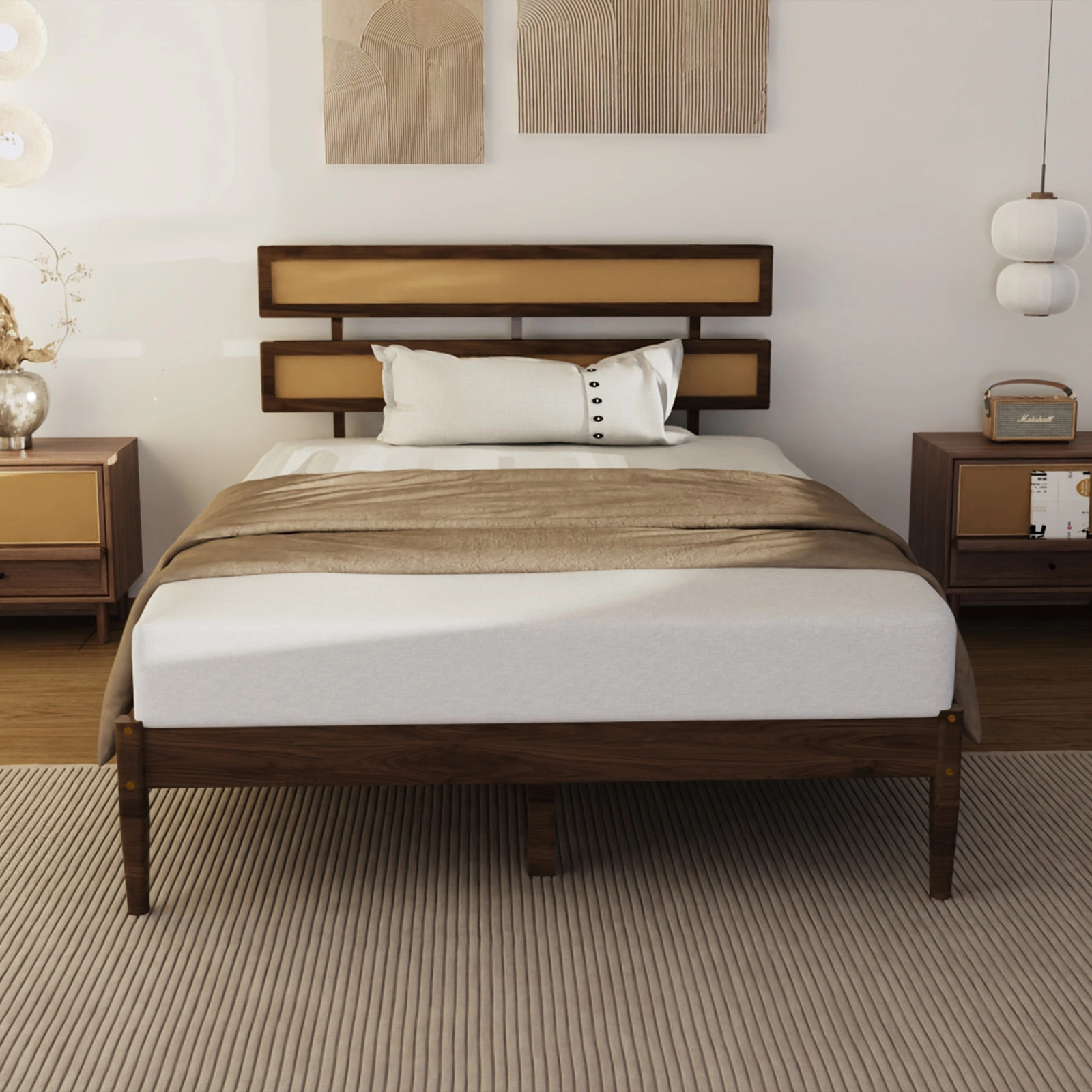 Dark walnut wood painted finish + rattan and pine wood double headboard full size wooden bed, Bohemian style view 6