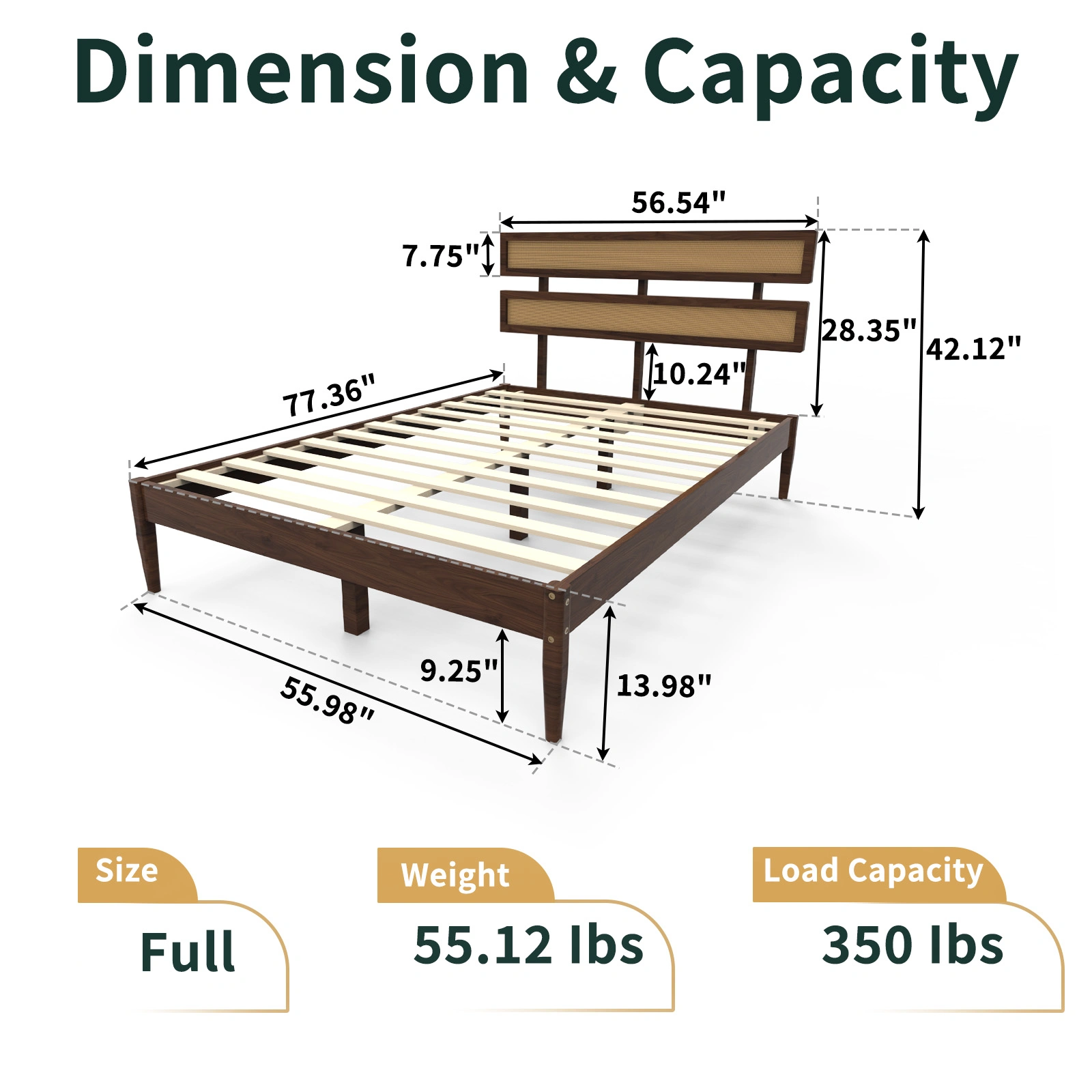 Dark walnut wood painted finish + rattan and pine wood double headboard full size wooden bed, Bohemian style view 7