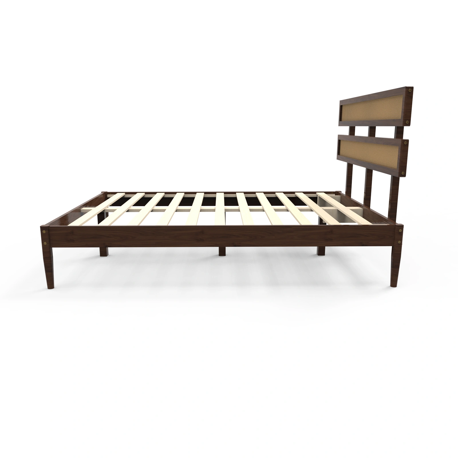 Dark walnut wood painted finish + rattan and pine wood double headboard full size wooden bed, Bohemian style view 8