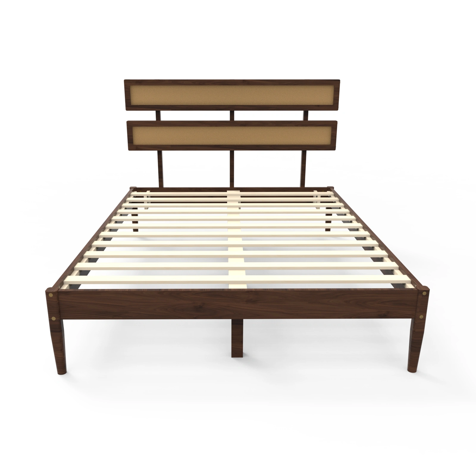 Dark walnut wood painted finish + rattan and pine wood double headboard full size wooden bed, Bohemian style view 9
