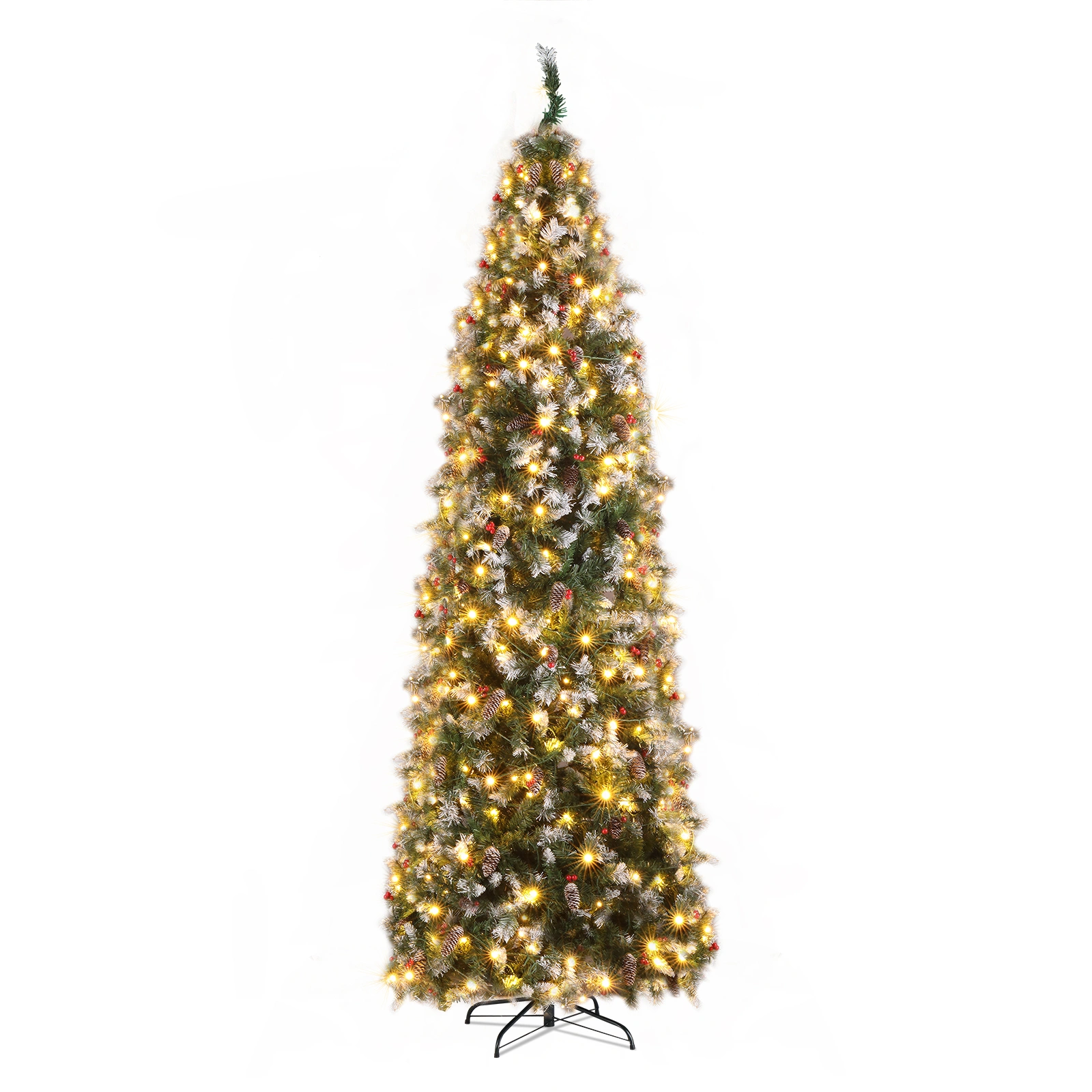 9ft Pre-Lit Christmas Tree, Pointed Pencil Shape, 460 Warm White LED Lights, 8 Modes, Sticky White Base, Green PVC